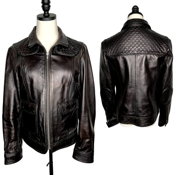 Calvin Klein S VINTAGE y2k Quilted Leather Motorcycle Jacket Elbow Patches Black - Picture 2 of 14